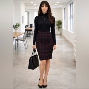 Plaid Pencil Skirt - Black and Maroon
